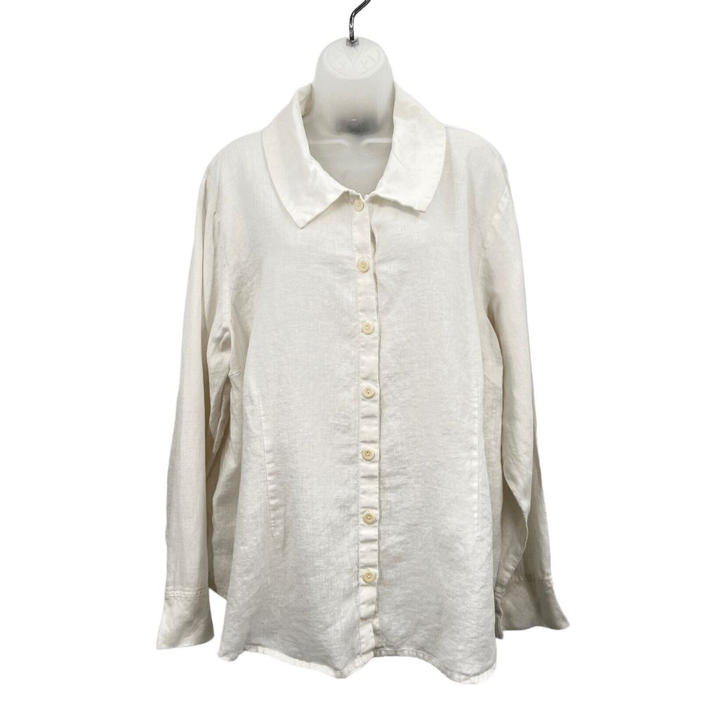 FLAX by Jeanne Engelhart Size 1G 1X White Button Down Shirt Lagenlook Top Linen - Picture 5 of 16
